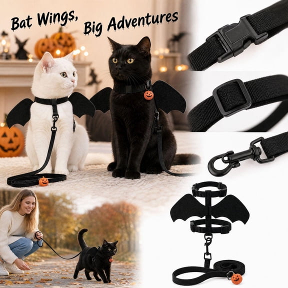 Halloween Bat Wing Cat Harness and Leash Set with Pumpkin Charm, Black, Adjustable H-Shape Walking Gear for Kittens and Small Dogs