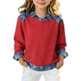 thumbnail image 2 of Sudadera con capucha de manga larga para niñas de 5 a 14 años, color liso, con solapa y parches de mezclilla, 2 of 9