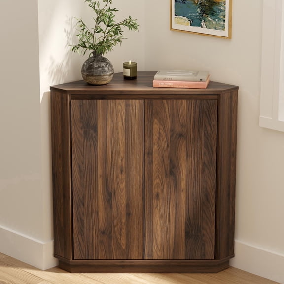 EYYTHUNG Corner Cabinet, Modern Handless Corner Floor Cabinet with 2 Doors and 2-Tier Shelves, Freestanding Narrow Organizer for Living Room Kitchen Bathroom, Brown