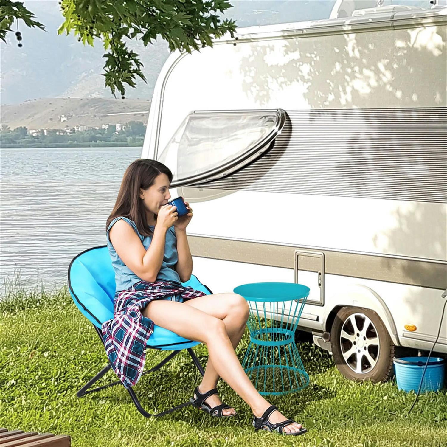 Demi Bonn 15" Steel Outdoor Side Table, Hourglass Design End Table for Patio & Indoor Use, Garden Accent Table, Blue