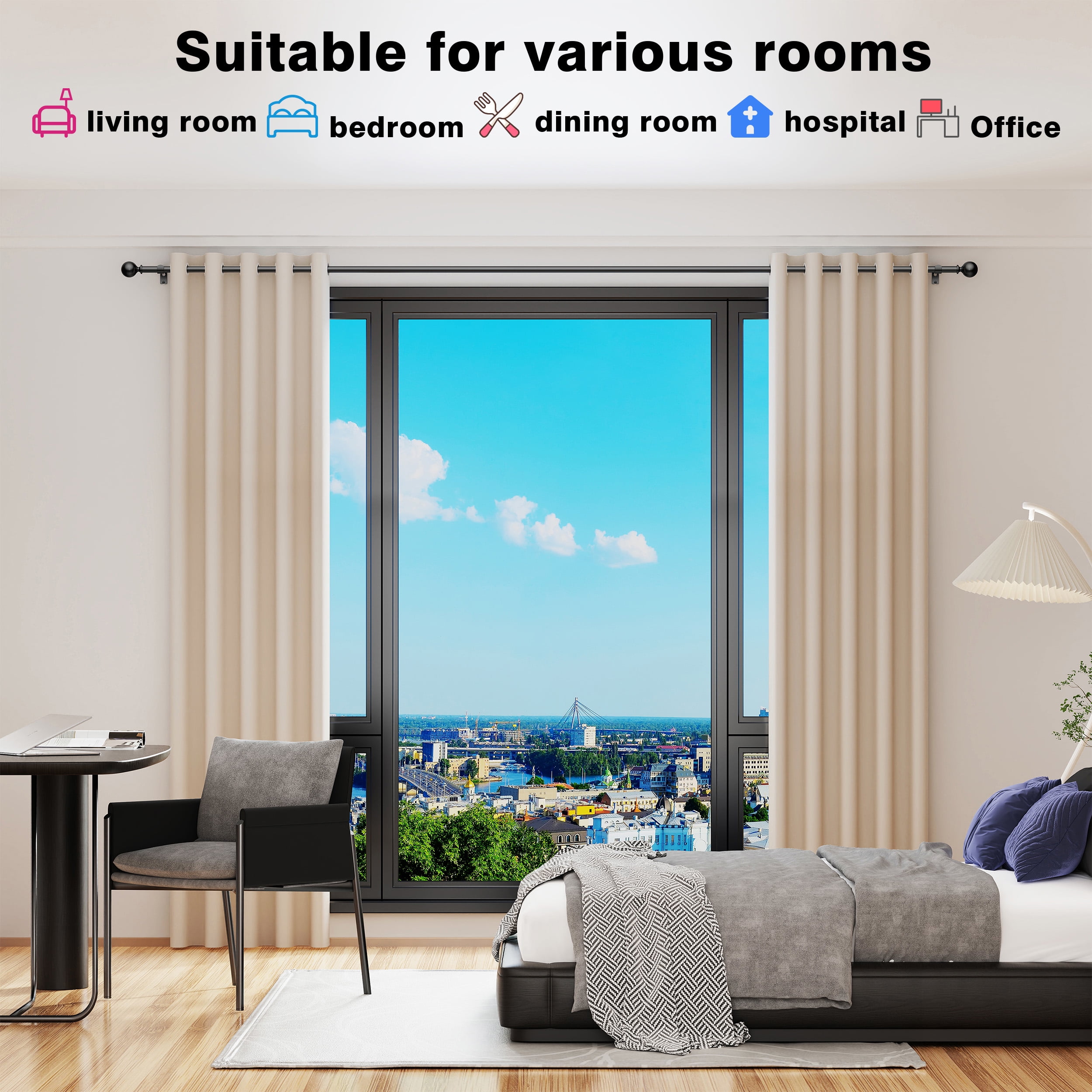 Titanock Curtain Rods 128 Inch for Window 120 Inch, Adjustable Length Heavy Duty Ball Finials Diameter 7/8 inch,10 ft, Black