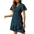 thumbnail image 2 of UVN Summer Wrap Dress for Women V Neck Short Sleeve Dress Ladies Boho Floral Dress with Belt, 2 of 8