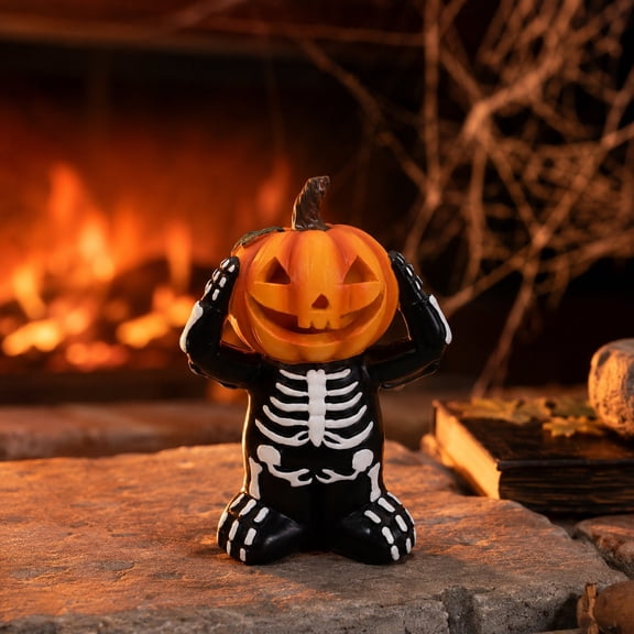 Set of 3 See No Hear No Speak No Evil Skeleton Pumpkin Figurines Resin Halloween Tabletop Decoration Fall Thanksgiving Home Decor for Mantel Shelf