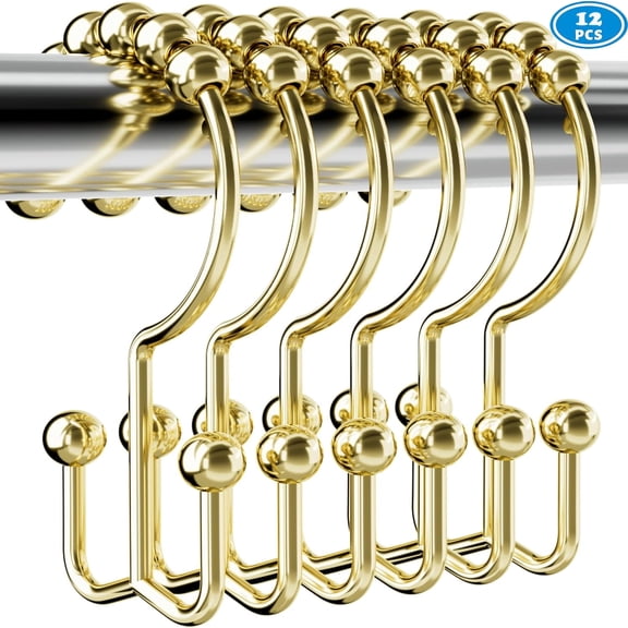 Shower Curtain Hooks Rings,Rust-Free Premium 18/8 Stainless Steel Glide Shower Hook,12pk Double Hook for Bathroom Shower Rods Curtains,Gold
