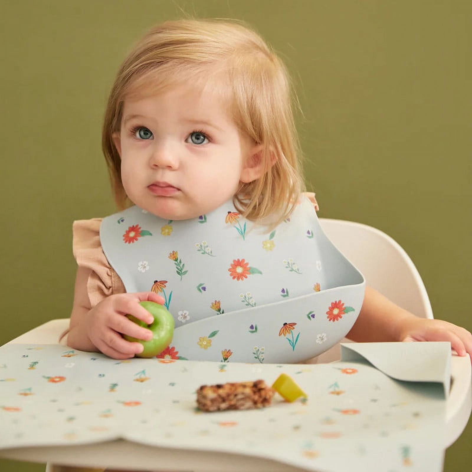 Austin Baby Co Silicone Bibs for Toddler and Babies – High Quality Mess Proof Bibs – Perfect for Travel (Wildflower Chambray Blue)