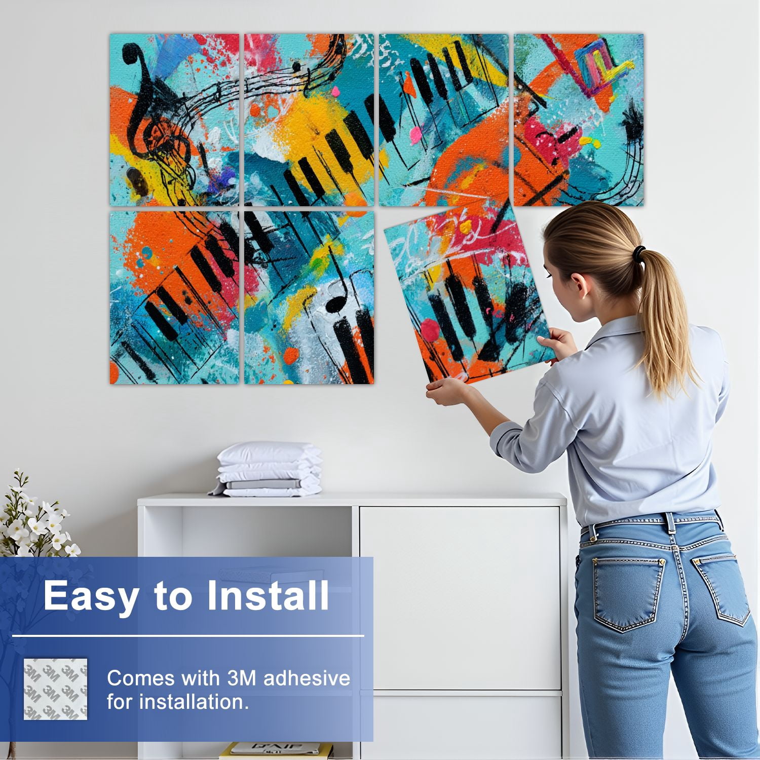 8 Pack Art Acoustic Panels Sound Absorbing Abstract Piano Keyboard Musical Notes Splash Graffiti Curved Piano Decorative Soundproof Wall Panels Self Adhesive for Nursery Game Room Bedroom 48"x32"