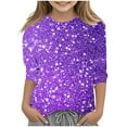 thumbnail image 2 of JTSRKL Kids Girls Summer Sparkly Tops Dressy Casual Summer 3/4 Sleeve Round Neck Graphic Tunic Blouse Trendy Soft Cotton Outfit Glitter Tees Shirt Multicolor#16 4-5 Years, 2 of 6