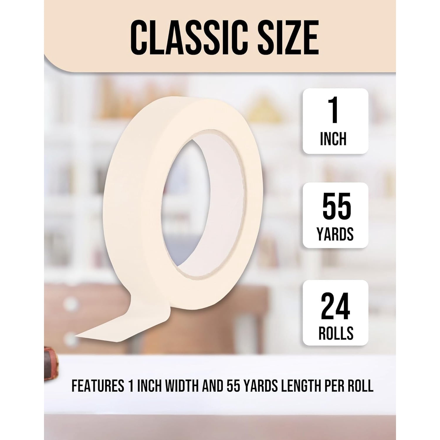 Masking Tape 1 inch, 24 Pack General Purpose Beige White Masking Tape, 1 inch x 55 Yards x 24 Rolls (1320 Total Yards)