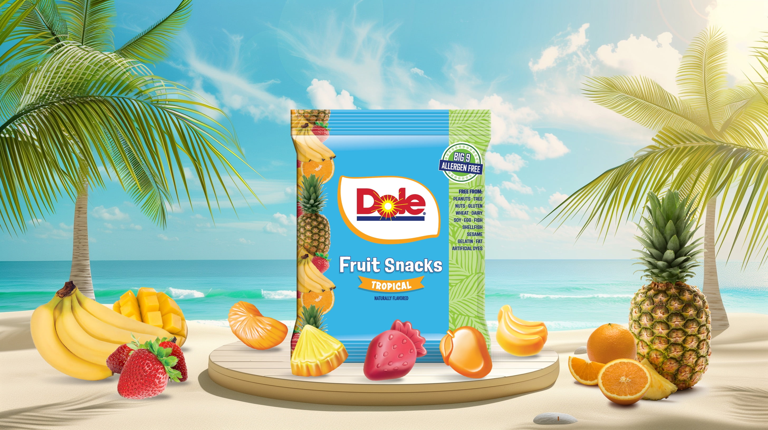 Dole Fruit Snacks, Tropical Flavored, Big 9 Allergen Free, Dye Free, Gluten Free, Gelatin Free, Lunch Snacks 22 Count