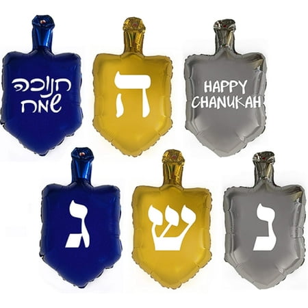 6 Hanukkah Dreidel Balloon Decorations with Stickers for Chanukah Parties.