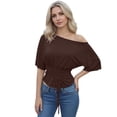thumbnail image 5 of Rggeeun Women Shirts Cropped One Shoulder Solid Color Short Sleeve Elastic Waist Draping for Summer Beach Wear Trendy Tshirts,Brown,M, 5 of 7