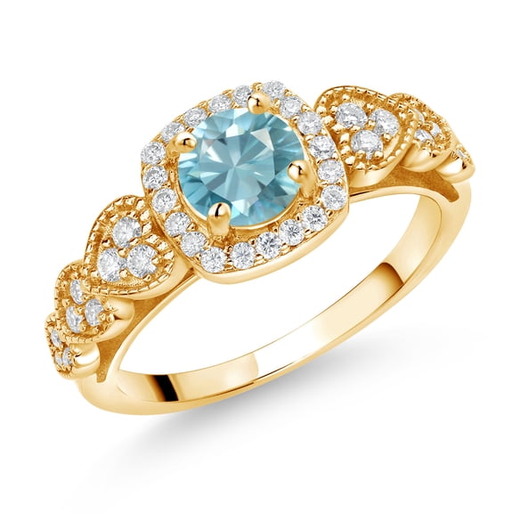 Gem Stone King 18K Yellow Gold Plated Silver Blue Zircon and White Moissanite Engagement Ring for Women (1.58 Cttw, Round 6MM, Gemstone December Birthstone, Size 7)