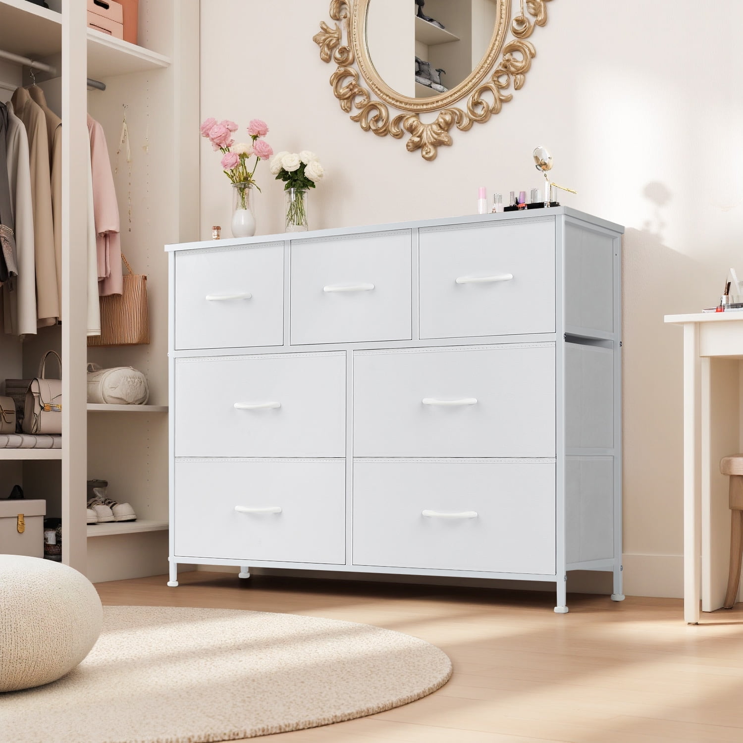 TINKLE WELL Wide 7 Drawer Fabric Dresser, Soft Storage Unit with Bins for Clothes, Toys, Linens, Fits Bedroom, Living Room, Hallway, White