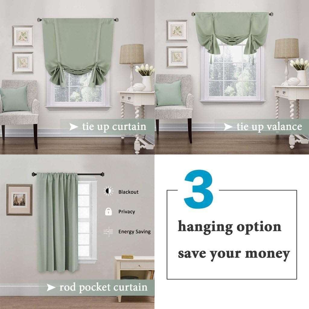Turquoize Tie-Up Blackout Kitchen Curtains, Thermal Insulated Rod Pocket Window Shades, Light Sage, 42 x 63 in, 2 Panels