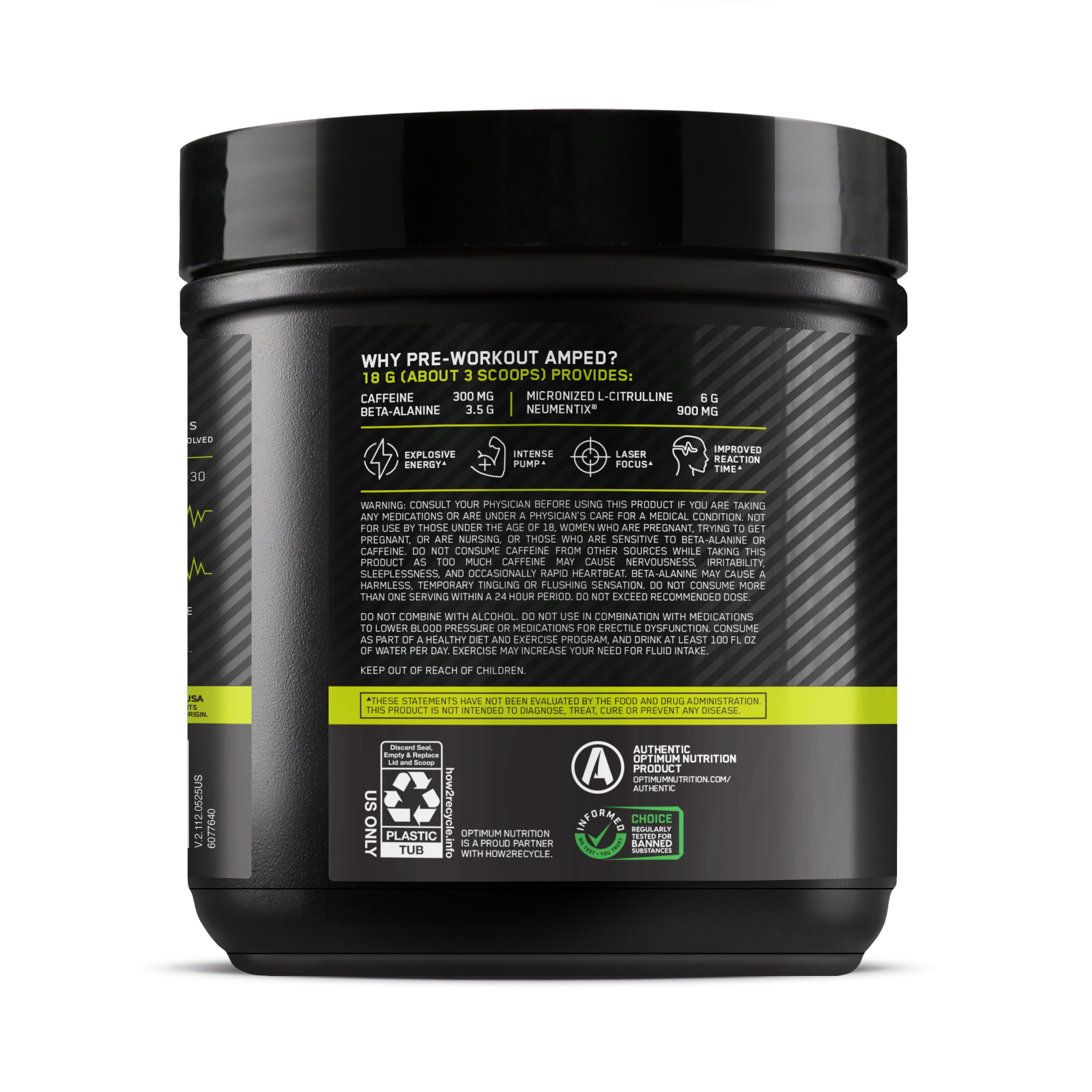 Optimum Nutrition, Pre-Workout Amped Powder, Berry Fusion, High Stim, Sugar-Free, Caffeine, 20 Servings
