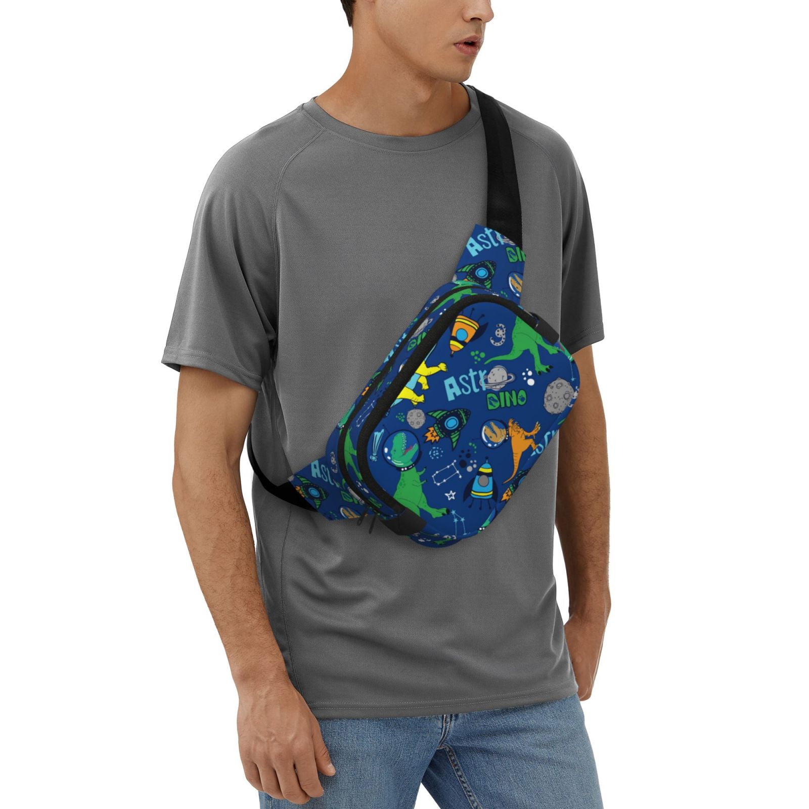 Fuzoiu Dinosaur In Space Print Unisex Square Double Layer Waist Bag,Crossbody Fanny Pack Travel Workout Accessory