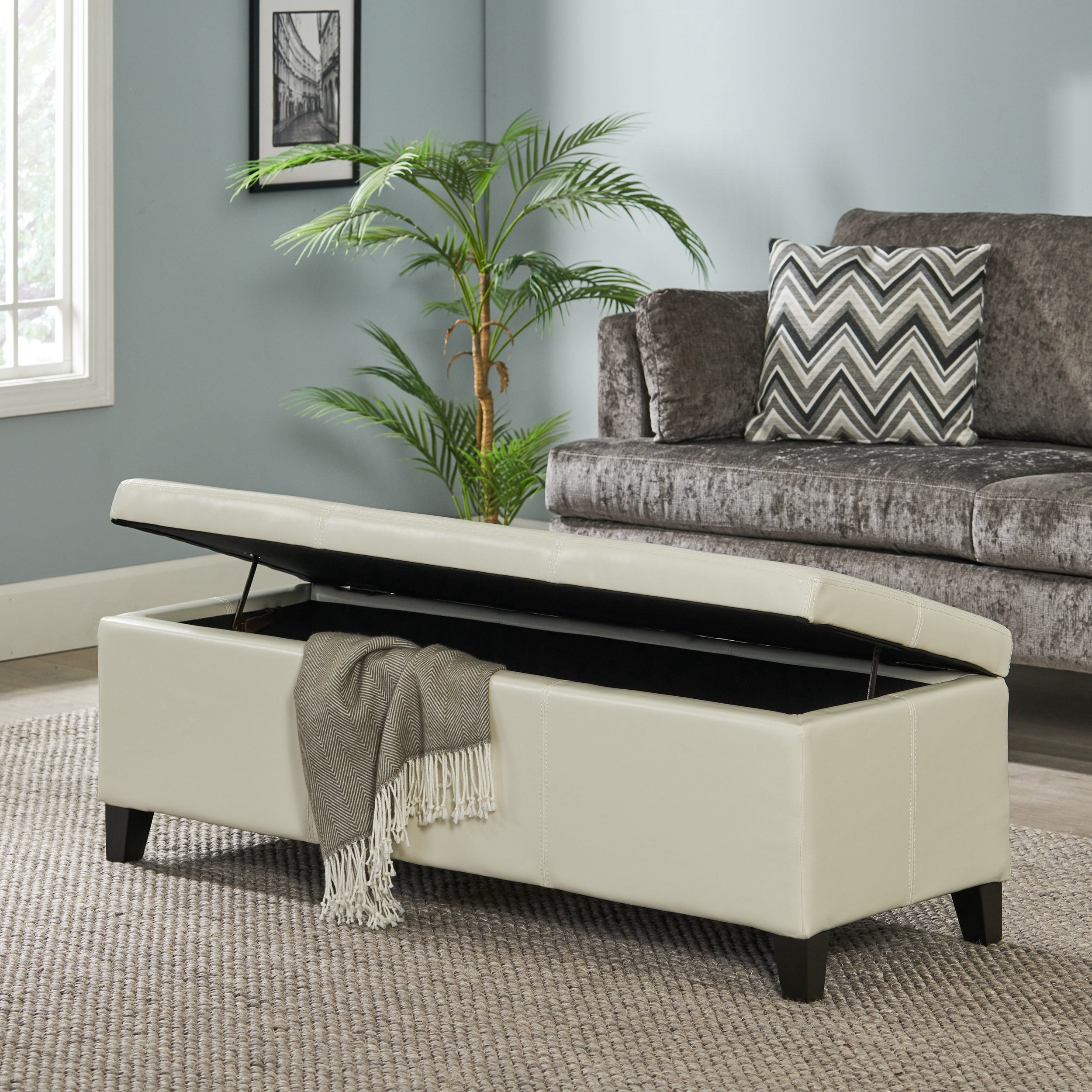 Noble House Brendan Rectangular Faux Leather Storage Ottoman, Ivory
