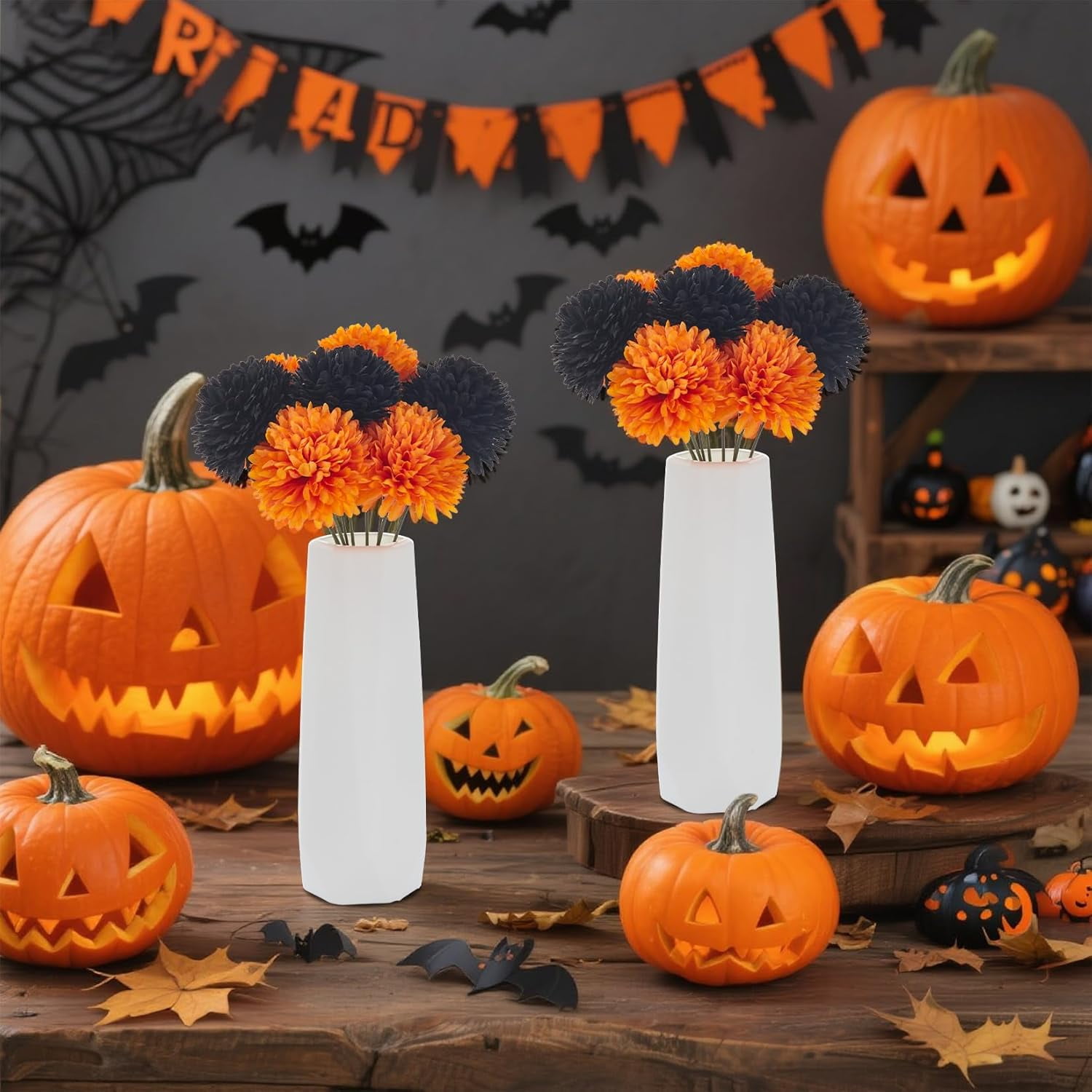 20 Pcs Mums Artificial Flowers, Fake Fall Flowers with 2 White Vases, Silk Chrysanthemum Centerpiece Table Decorations for Halloween, Gothic Wedding, Christmas, Home Decor, Black & Orange