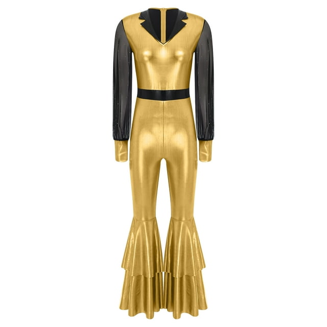 RUNQHUI Costume Brillant pour Femmes Tenue de Danse Disco Combishort Col à Revers Col en V Manches Longues Combinaison Évasée Or m
