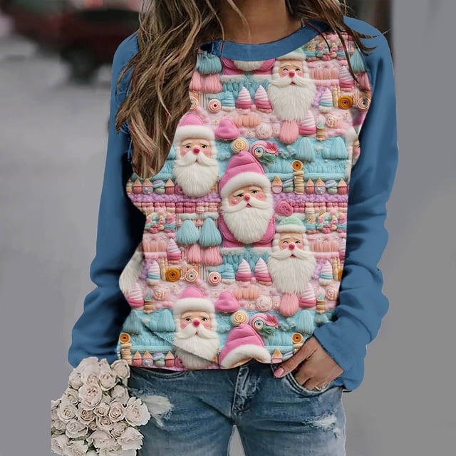 Aqestyerly Haut de Noël pour Femme Blouse à Manches Longues Imprimée de Noël Col Rond Tunique Décontractée