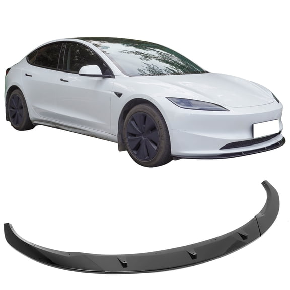 Ikon Motorsports Front Bumper Lip for 2024-2025 Tesla Model 3, IKON V4 Style Gloss Black PP, Lower Air Dam Chin Spoiler Protector Splitter 3PCS