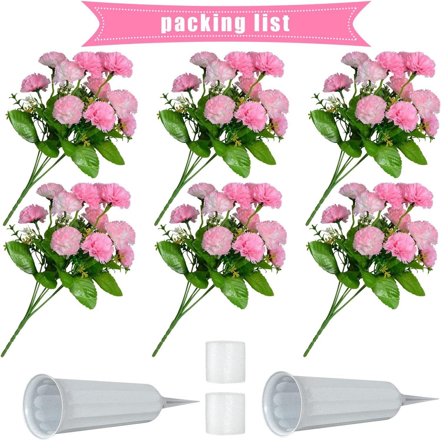 Cemetery Flowers, Set of 2 Artificial Carnation Bouquet Grave Memorial Flowers with Vase for Cemetery Headstones Decoration (Carnation)