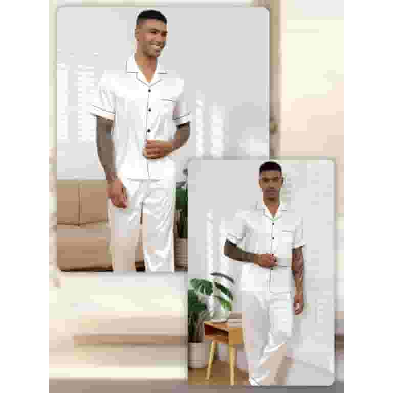 Silk Satin Pajama Sets for Men Short Sleeve Button-Down Silk Satin Pajama Sets for Men Short Sleeve Button-Down
