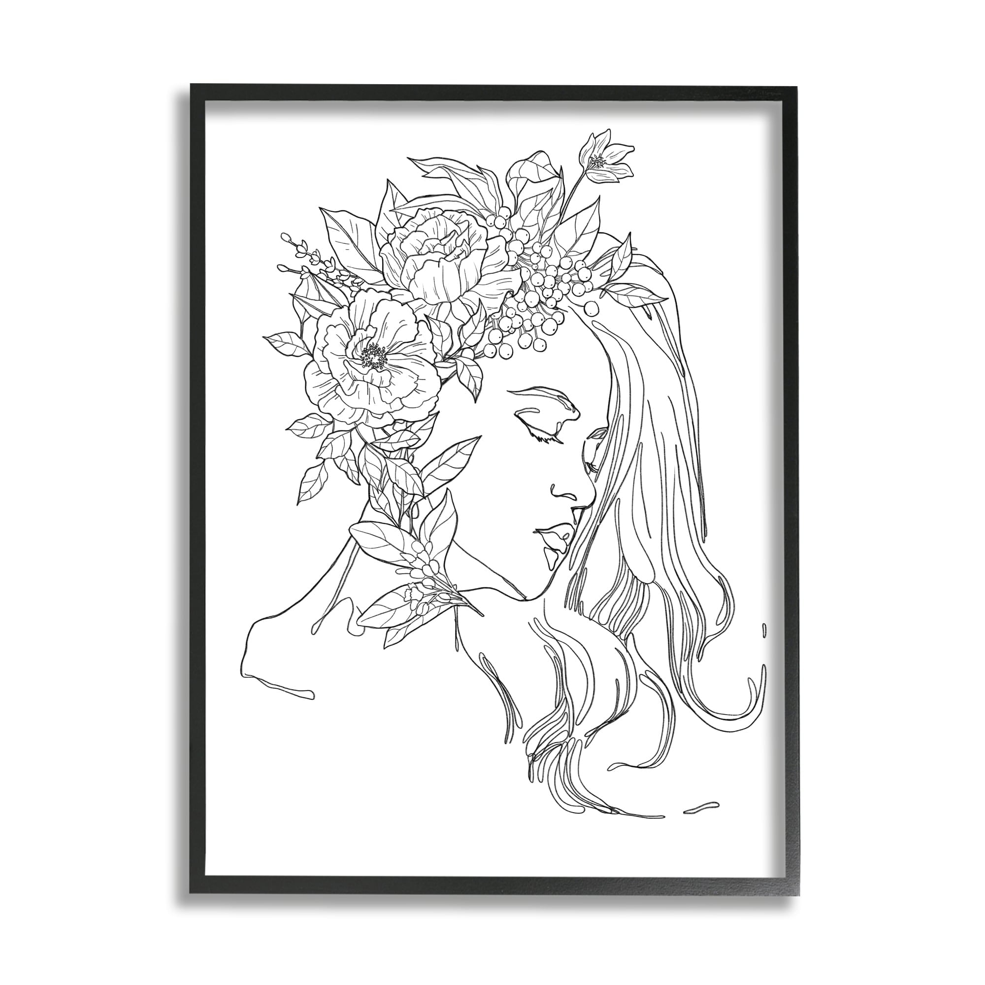 Stupell Industries Woman Face Detailed Blossoming Flowers Line Drawing Graphic Art White Framed Art Print Wall Art, Design by Ziwei Li
