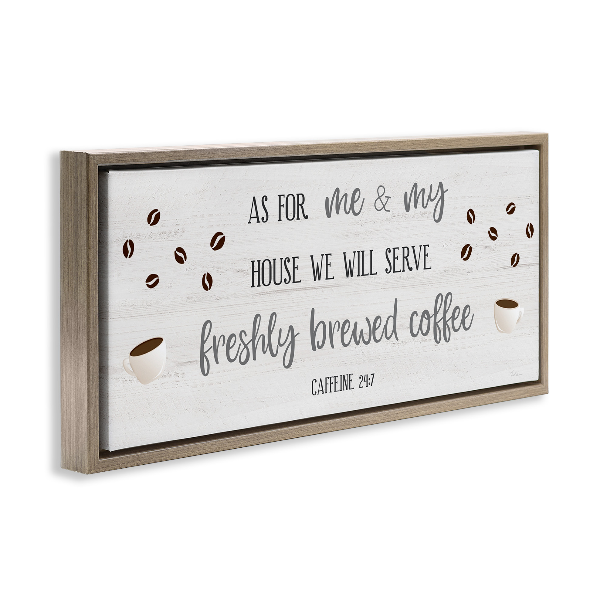 Stupell Industries Fresh Coffee 24:7 Caffeine Proverbs Religious Painting Brown Floater Framed Canvas Art Print Wall Art, 25 x 11