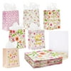12 Pack Floral Gift Bags with Handles for Happy Mother's Day, Includes Tissue Paper, 6 Flower Designs, 10x8 in