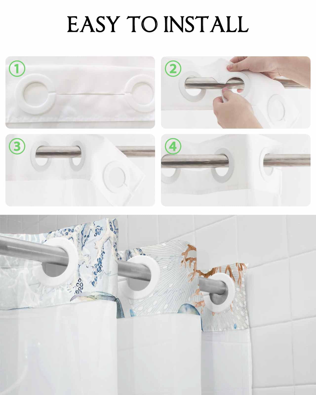 No Hook Shower Curtain with Snap in Liner, Summer Blue Ocean Crab Starfish Coral Jellyfish Watercolor Shower Curtains for Bathroom, Washable Shower Curtain Liner Set with Mesh Top Window, 48"x72"