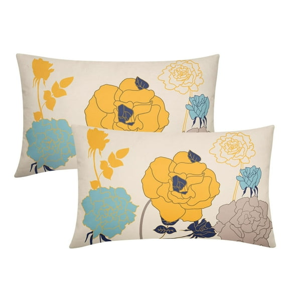 ABSOP Navy Blue Yellow Foral Pillow Covers 12X20 Inch Spring Summer Outdoor Linen Lumbar Recgantle Pillow Cases Set of 2 Home Decor for Living Room Bedroom Bed Cushion