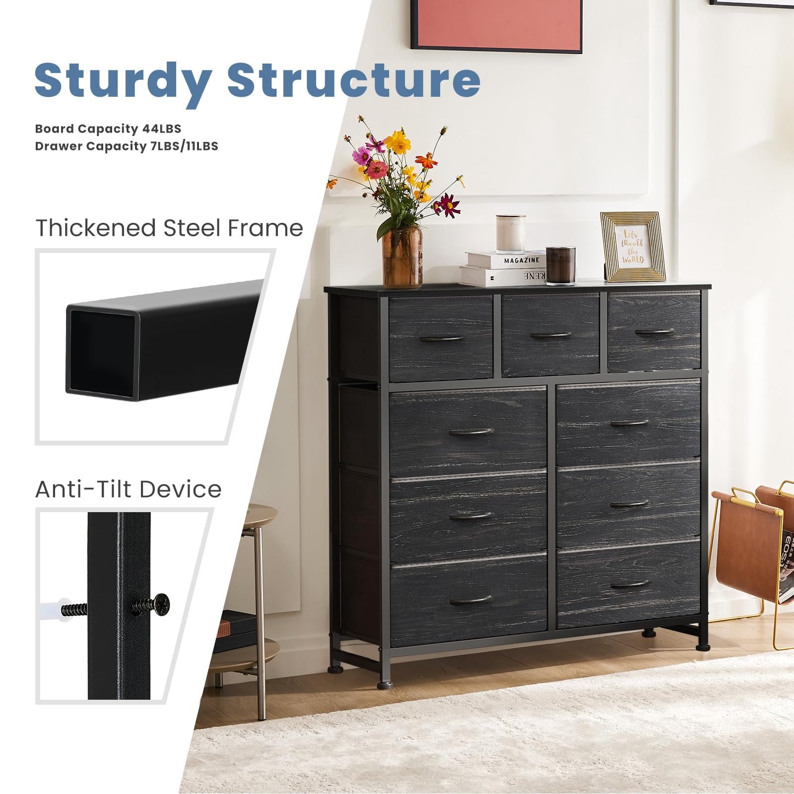 Telyra 9-Drawer Fabric Dresser Tall Storage Tower with Wood Top and Steel Frame Bedroom Closet Organizer, Black Wood Grain
