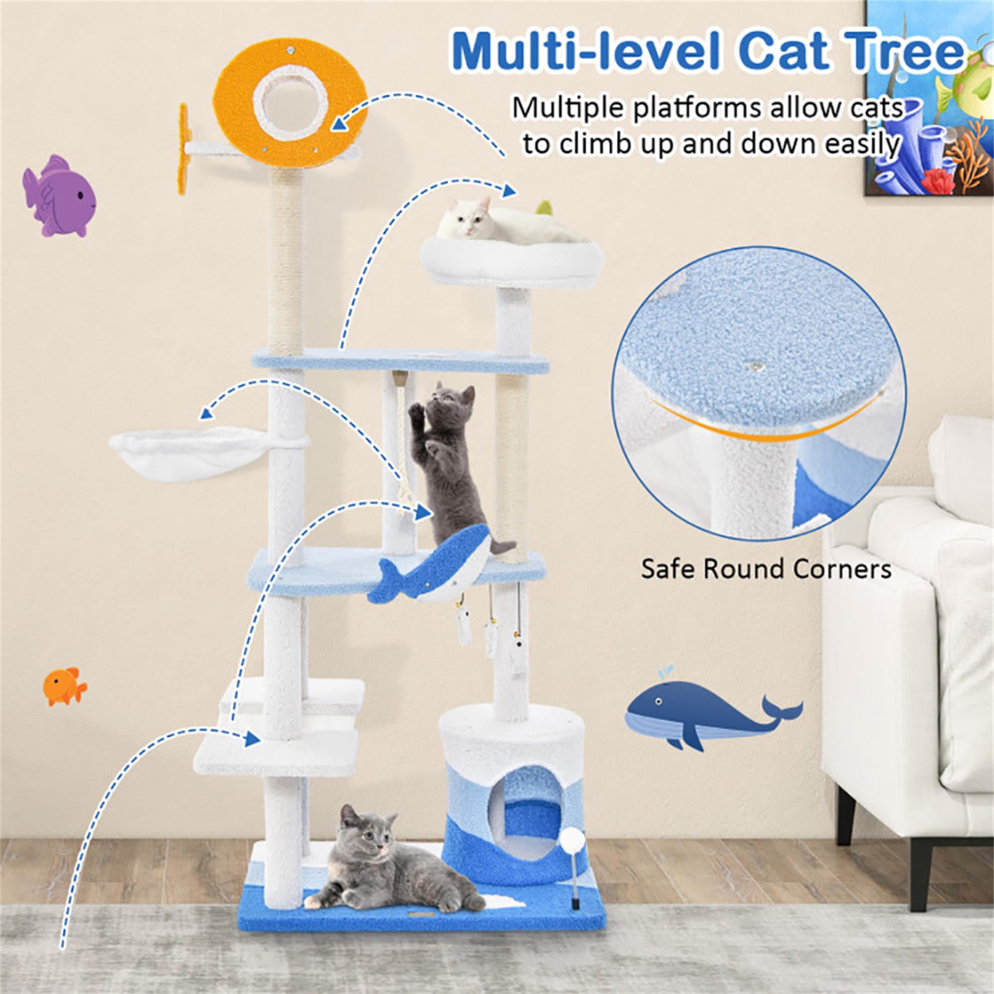 resenkos 66" Cute Cat Tree Tower for Indoor Cats, Ocean World Cat Condo with Sisal Scratching Posts, Plush Perches, Kitten Cat Tree Tower Activity Center, Blue