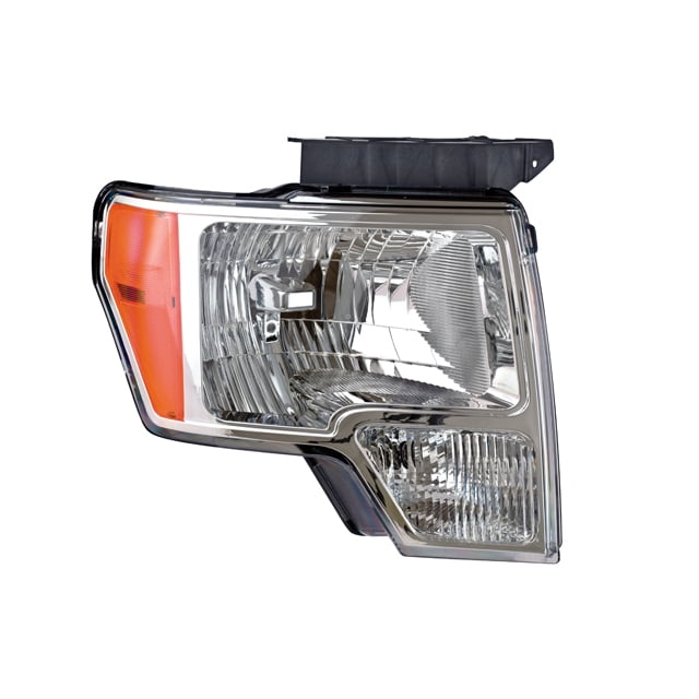 faro f-150 2009 al 2014 ford derecho/pasajero depo nuevo, faro derecho de reemplazo para Ford F-150/Lobo 2009-2014 en vista frontal 3/4, lente transparente con reflector cromado, sección direccional ámbar en esquina exterior, compartimentos visibles para luz baja y alta, número de parte 25412-7549923, cantidad 1 pieza; a menudo usado en proyectos de restauración de vehículos.