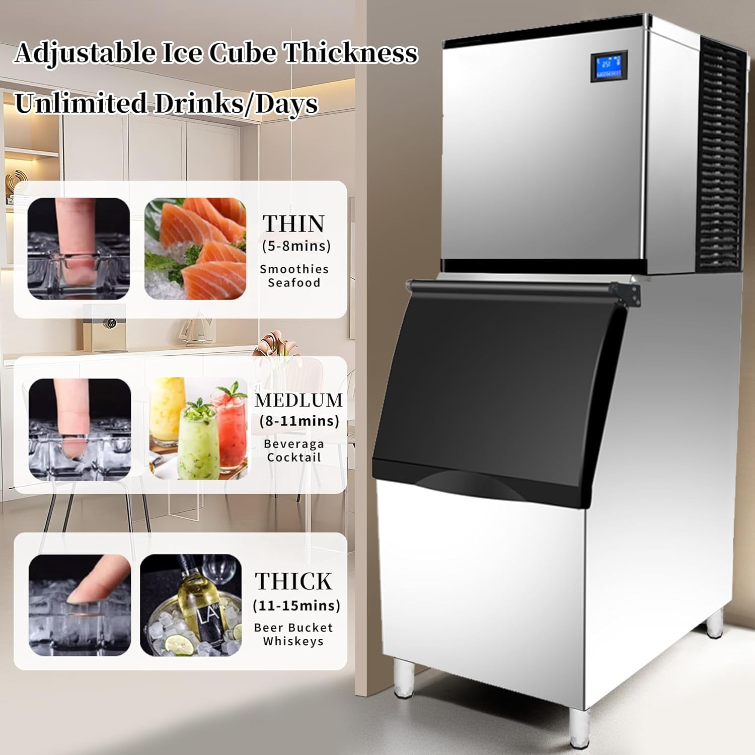 HPDAVV Commercial Ice Maker Machine - 500 LBS/24H, 220V Heavy-Duty Ice Machine with 440 LBS Bin, Self-Cleaning & Touchscreen for Bars, Restaurants & Hotels