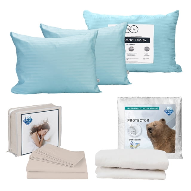 Protector de Colchón Matrimonial + Juego de Sábanas Crema + Almohada Trinity 2