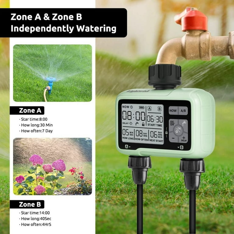 Sprinkler Timer 2 Zone Water Timer Sprinklers for Yard Outdoor Faucet Drip Irrigation and Lawn Watering System Automatic Digital Control Manual Water