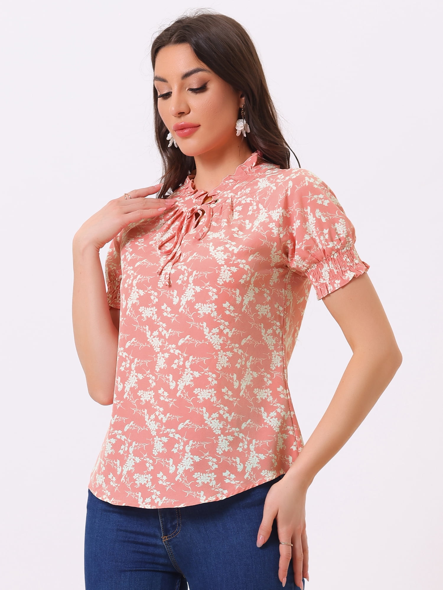 DARING DIVA Ruffle Tie Neck Casual Short Sleeve Blouse M Pink