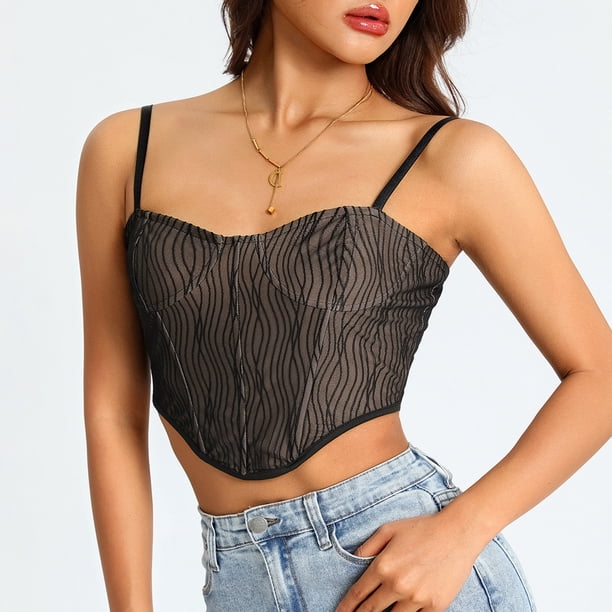 Camisa Corsé Bustier Top transparente para mujer Ropa diaria expuesta al ombligo (Negro S) Cgtredaw Para estrenar