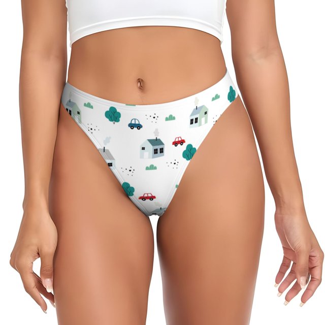 Fotbe Cartoon House Car Tanga Sin Costuras para Mujer con Estampado – Panties Invisibles, Transpirables y Cómodos para Uso Diario-Medium