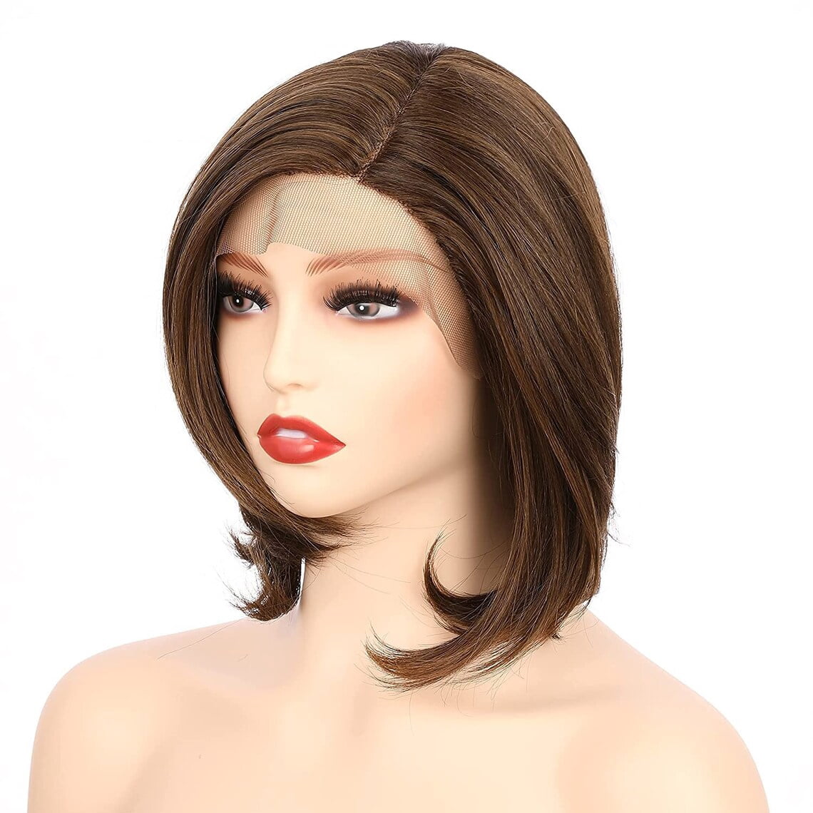 Onedor 9.5 Inch Side Part Lace Front Relaxed Straight Bob Wig (Medium Brown Evenly Blended with Warm Medium Brown)