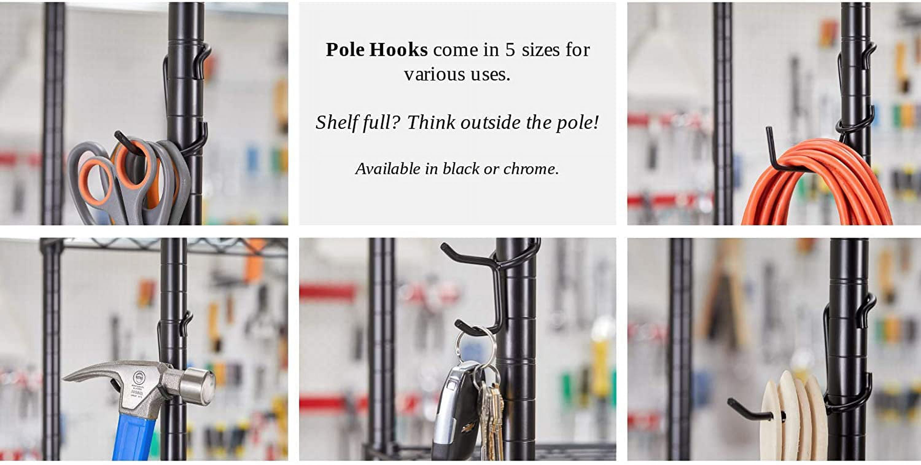 Variety Pack Shelf Pole Hooks – 5 Black Wire Shelf Hooks – J-Hook, C-Hook, Utility Hanger for Utility Rooms & Closets - Fits 1" Pole
