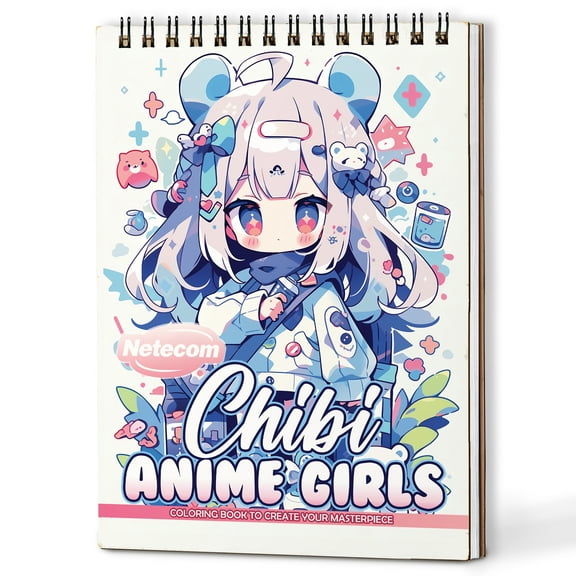Netecom Chibi Anime Girls Coloring Book Spiral Bound for Adults and Anime Fans, A5 Wooden Cover, 30 Adorable Anime Characters Coloring Pages of Chibi Adventures for Stress Relief and Relaxation