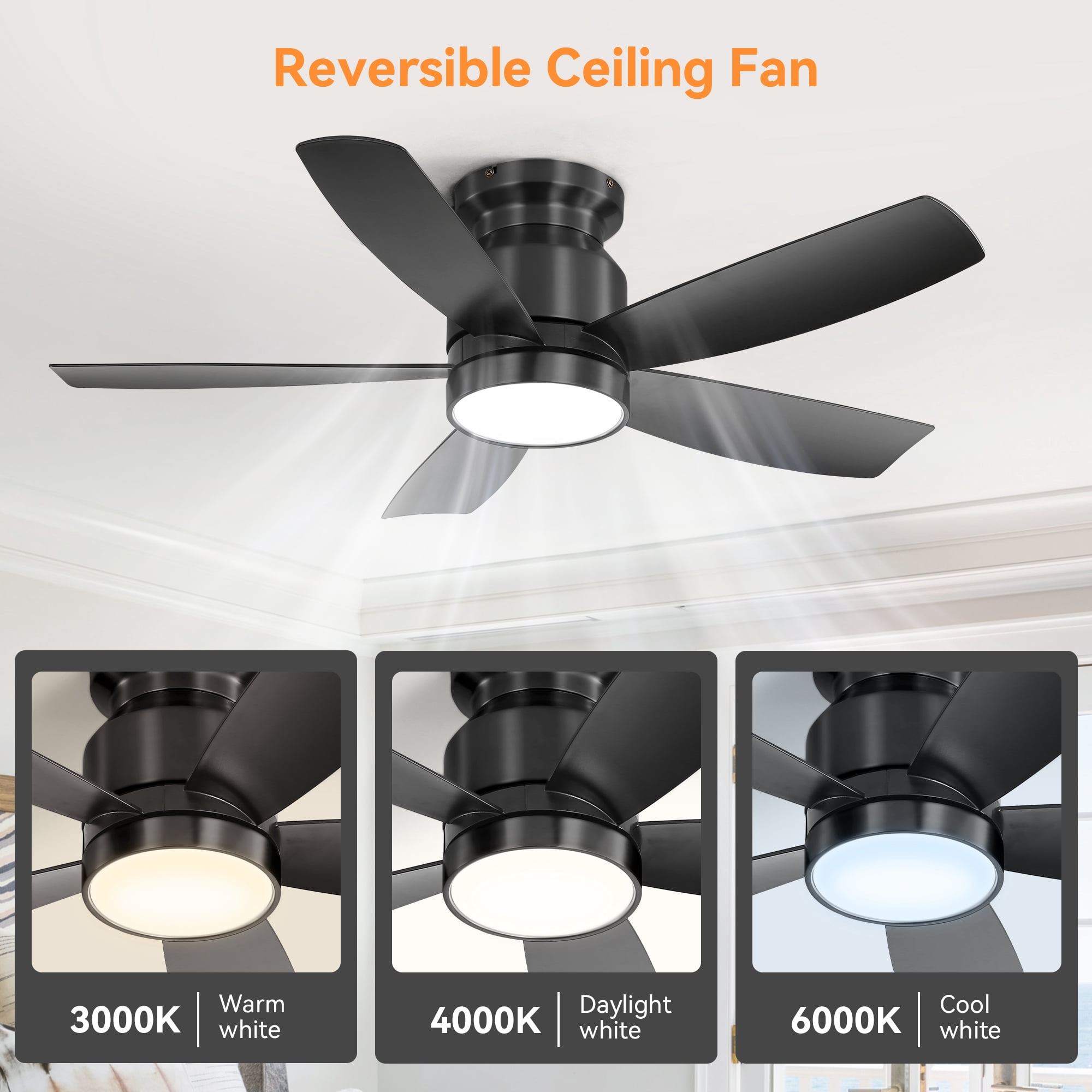 Izzovium 42 Inch Flush Mount Ceiling Fan with Remote, LED Light, 5 ABS Blades, Black, for Bedroom and Living Room