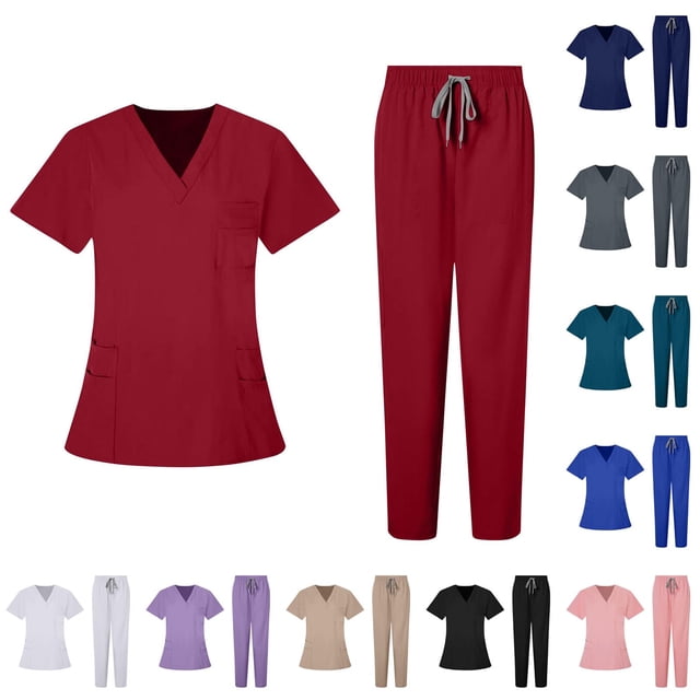 Timegard Work Outfits for Women 2 Piece V Neck Short Sleeve Tops Fitting Pants Solid Color Outfits