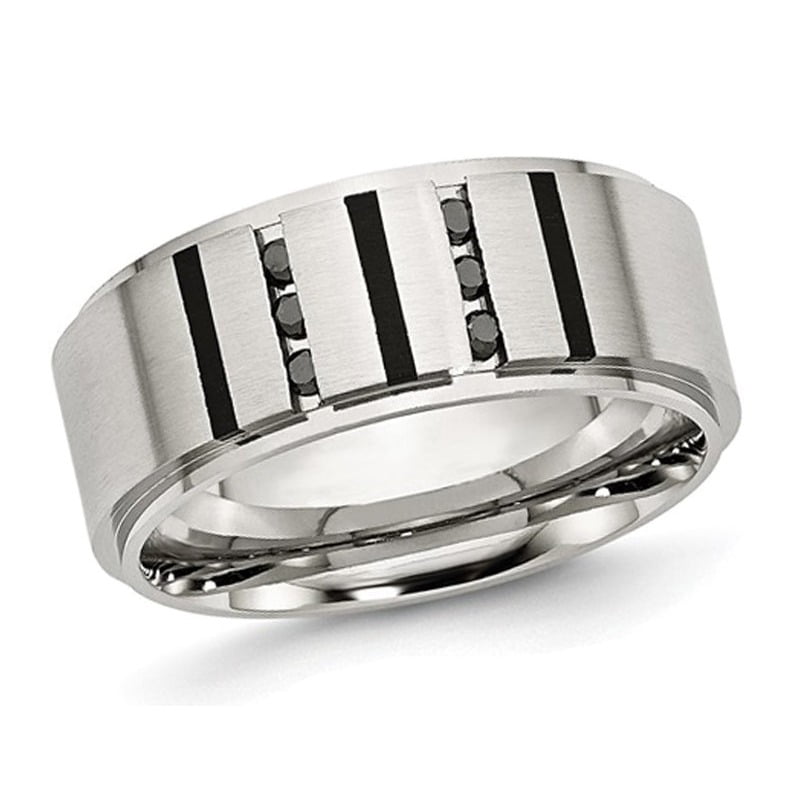 Gem And Harmony Men s Stainless Steel Brushed Band Ring with Black Diamonds 9mm White 11