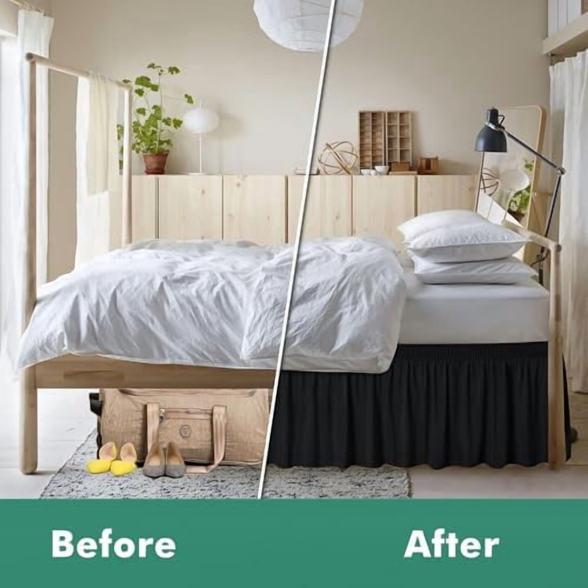 Wrap Around Bed Skirts with Split Corners for King Beds 15" Drop, Black Adjustable Elastic Dust Ruffles Easy Fit Wrinkle Resistant Silky Luxurious Fabric Machine Washable