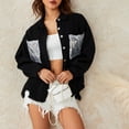 thumbnail image 6 of KOMOO Women Sequin Denim Jacket with Pockets Long Sleeve Lapel Loose Button Shirt Blouse Tassels Denim Coat Jackets, 6 of 9