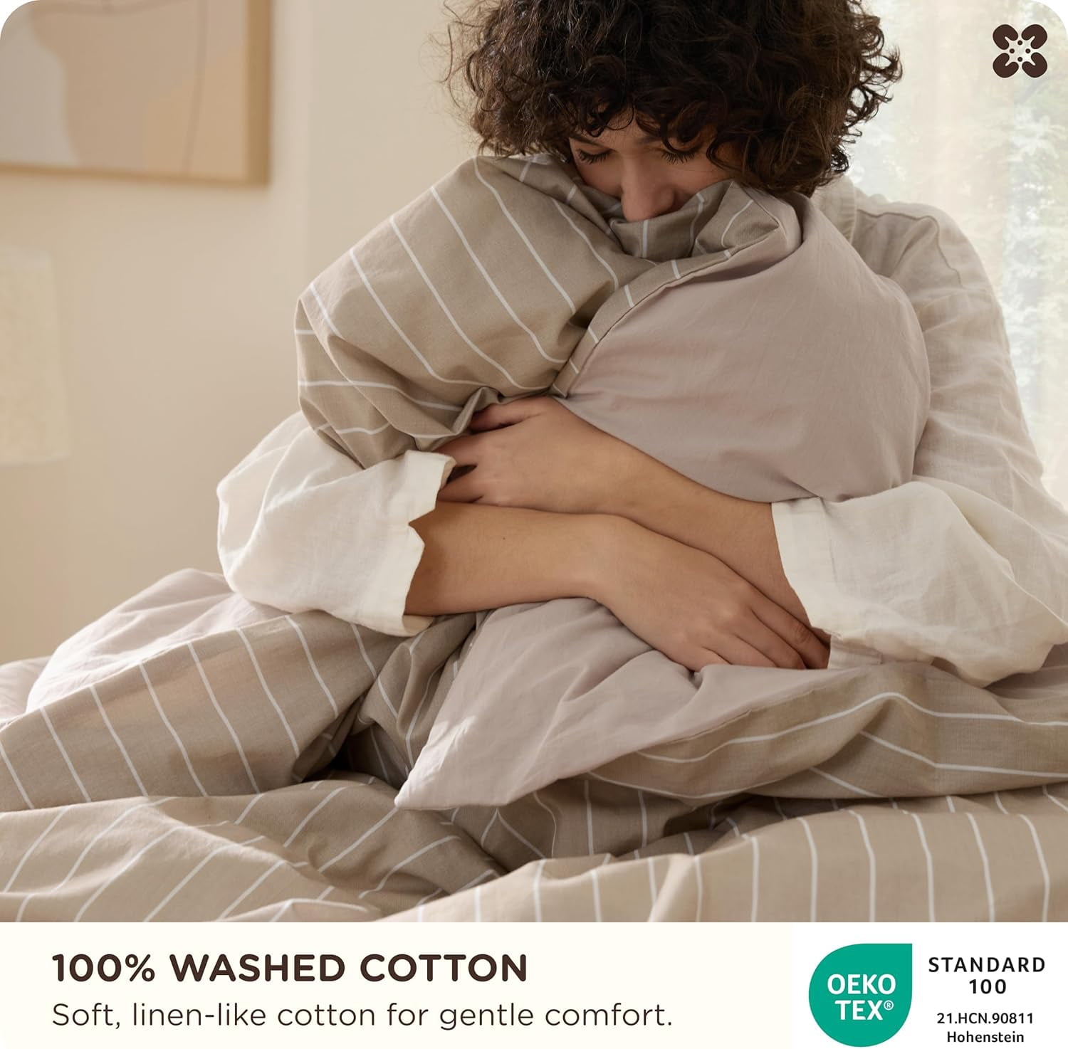 Striped Duvet Cover Queen Size, 100% Washed Cotton PureWoven Duvet Cover Linen Like Textured, Classic Striped Pattern Enhances Bedroom Comfort and Style, Stripes Olive Green, 90"x90"
